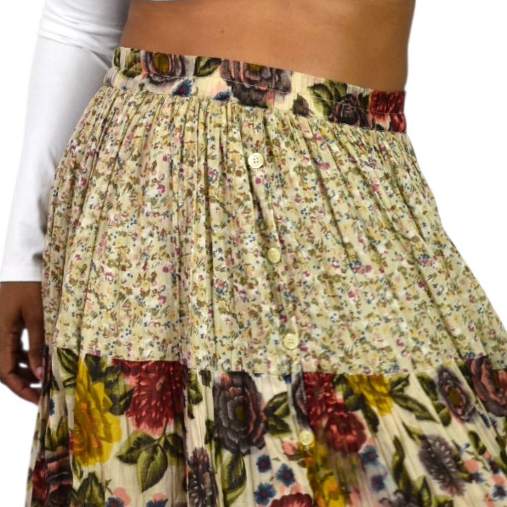 Vintage Tangibles Broomstick Skirt Tan Floral Tier Maxi Gauzy Rayon India Medium - Picture 4 of 16